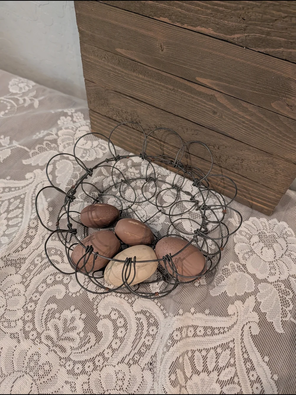 Antique Collapsible French Egg Basket W/ Wood Eggs